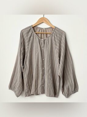 NWOT Hello Nite LA Cotton Blouse XS Blue Biege Striped Boho Oversized Breezy